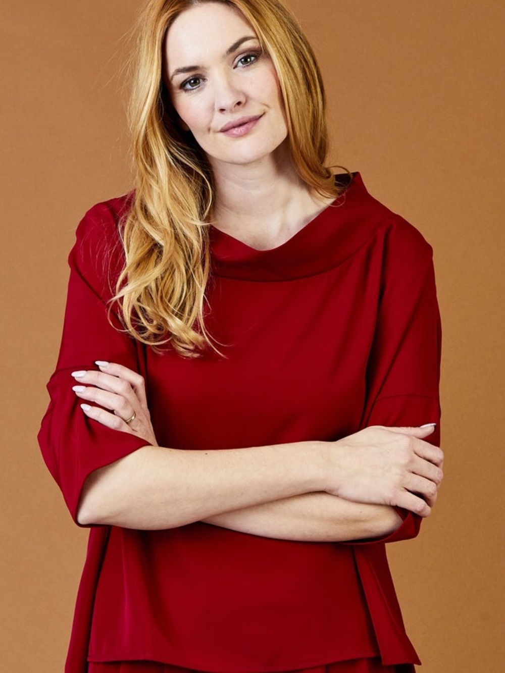 Suzy D Cowl-Neck Tunic Top in Deep Red